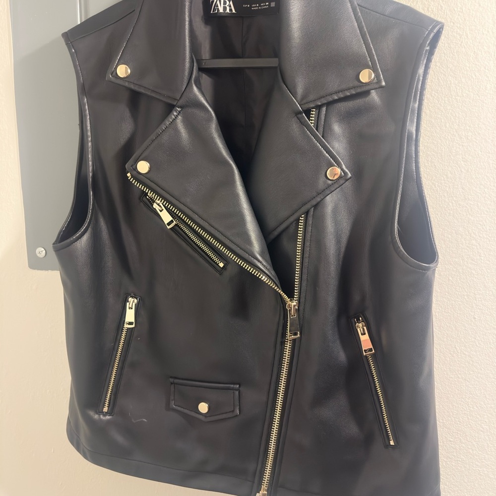 Zara Black Leather Vest with Gold Accents